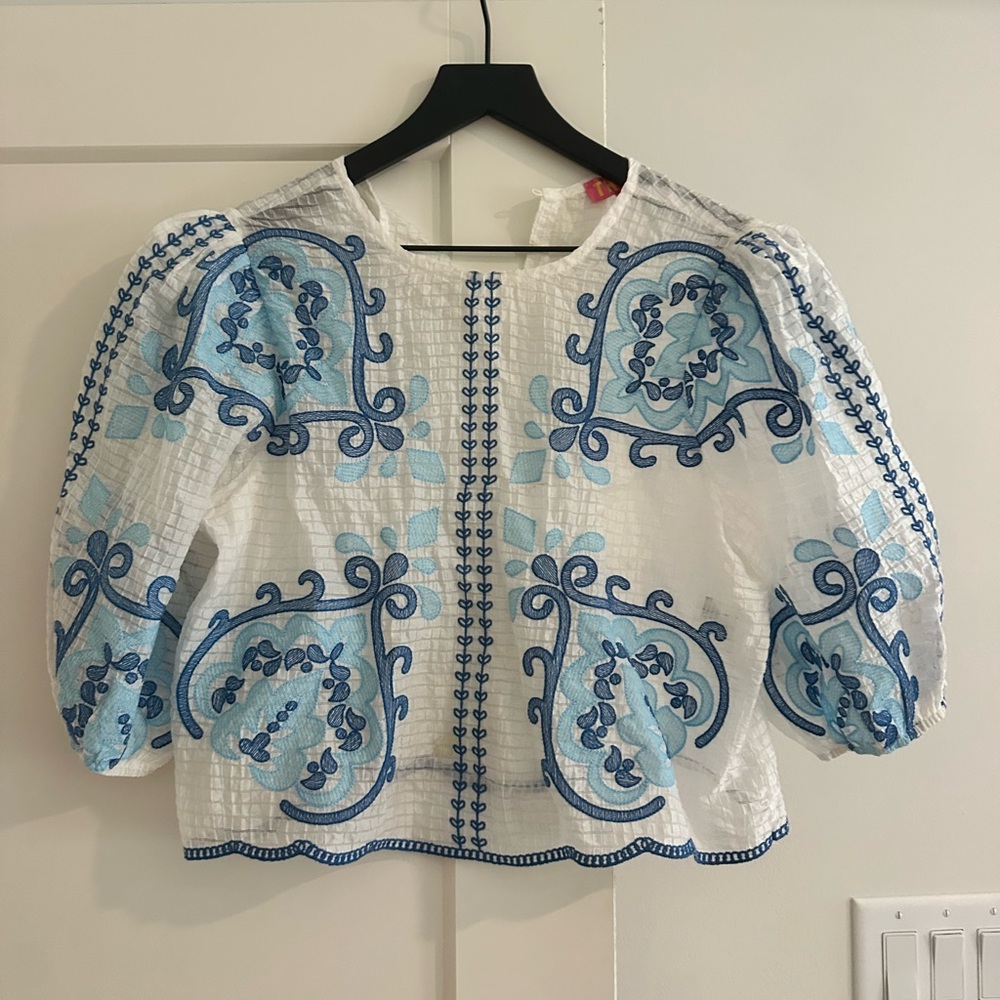 THML White Blouse with Blue Embroidery